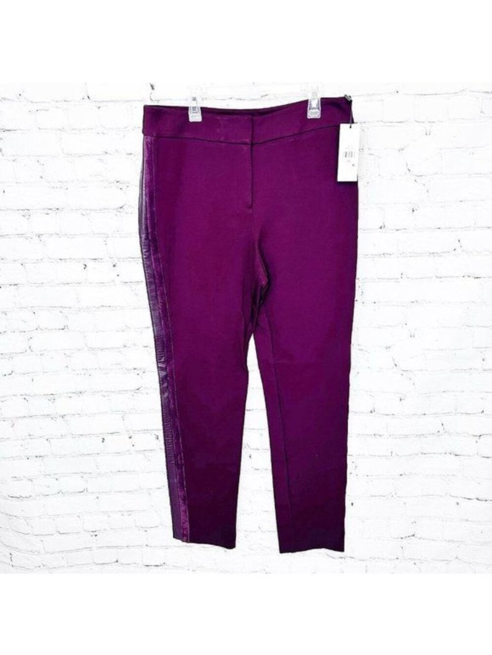 NWT CALVIN KLEIN PURPLE PONTE PANT FAUX SUEDE/SNAKESKIN LEATHER STRIPE SZ 10